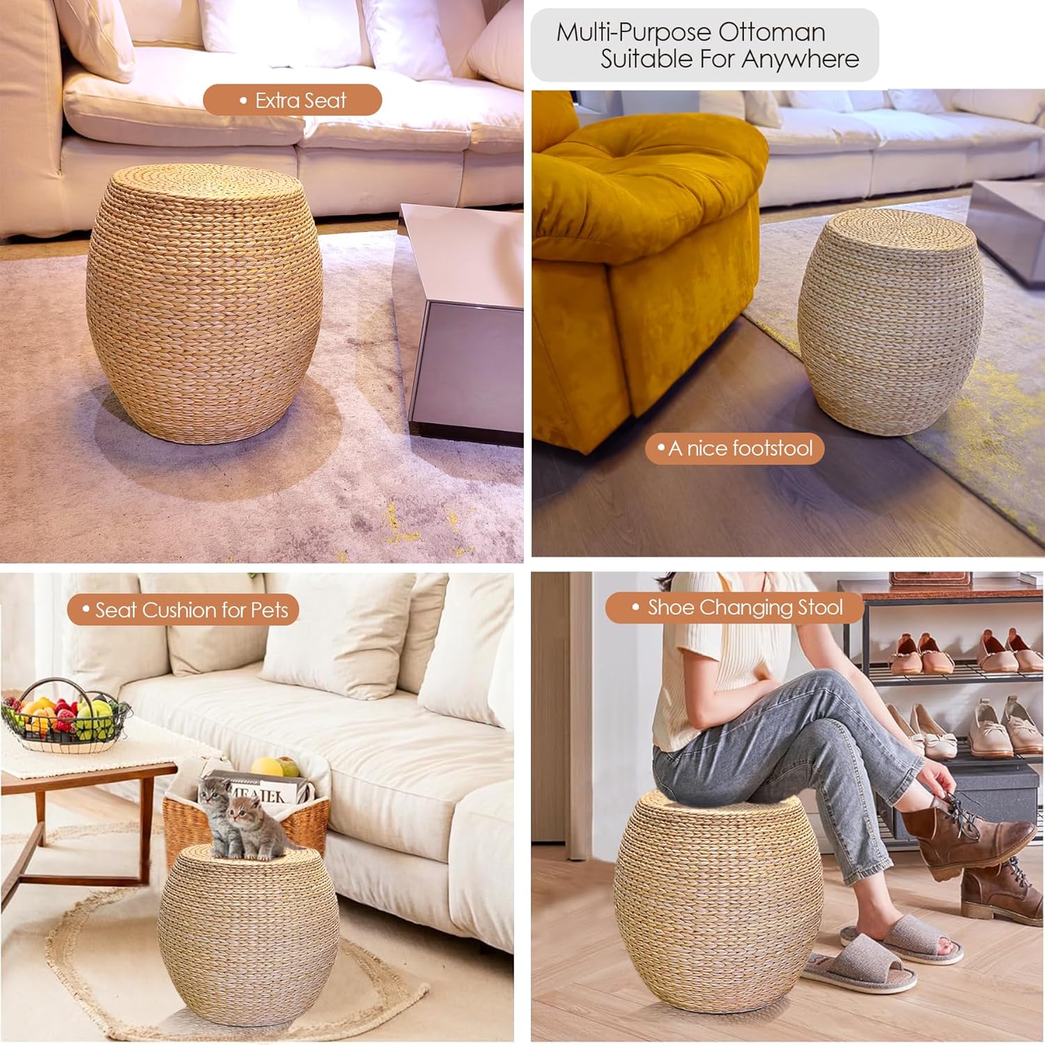 Round Poufs Ottoman,Hand Woven Natural Braided Cattail Ottomans Pouf for Patio,Home,Office,Living