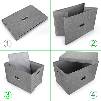 Linen Fabric Collapsible Storage Bins with Removable Lids and Handles, Washable Storage Box