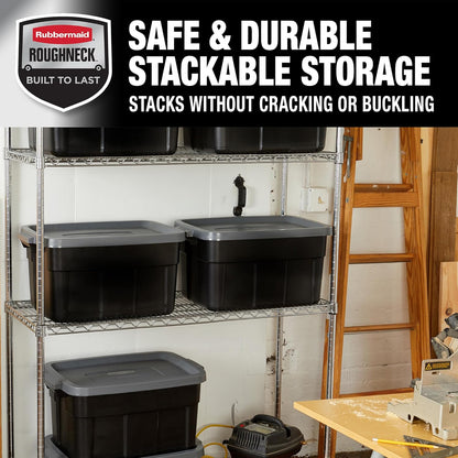 Rubbermaid Roughneck Tote 14 Gal, 6 Pack, Made in USA, Black & Gray, Rugged Plastic Stackable