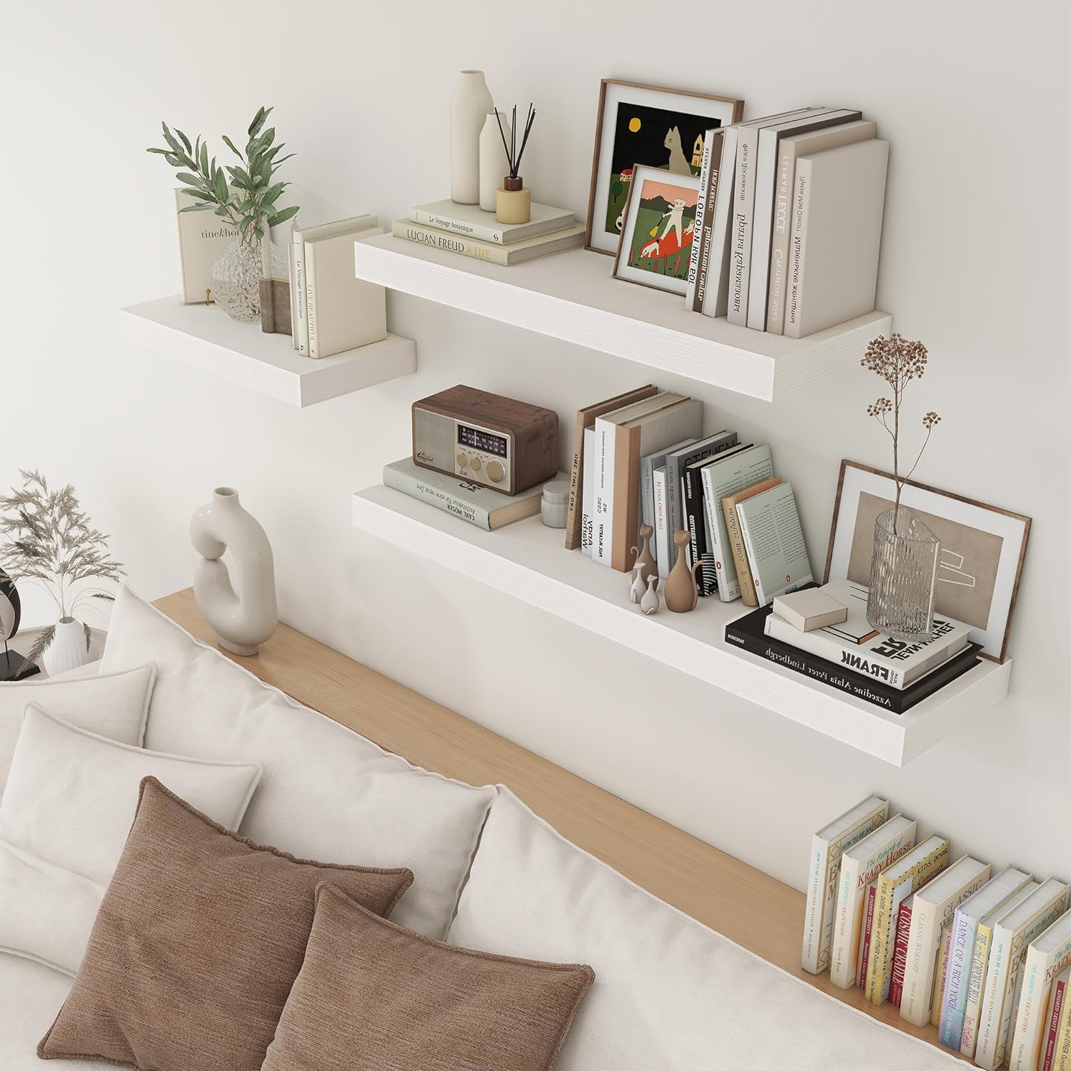 Deep Floating Shelves, 24''W x 12''D Floating Shelves White Set of 2, 12 Inch Deep Large Wood