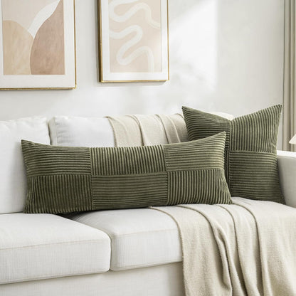 Fancy Homi Set of 2 Olive Green Boho Long Lumbar Body Decorative Throw Pillow Cover 14x36 Inch for