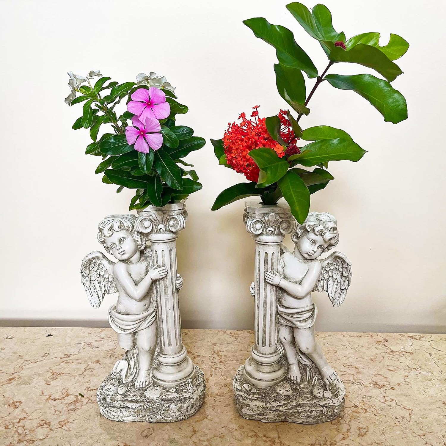 Angel Statue with Solar Lights (Left) 19.7 Inch, Outdoor Solar Angel Garden Statue with Roma Pillar