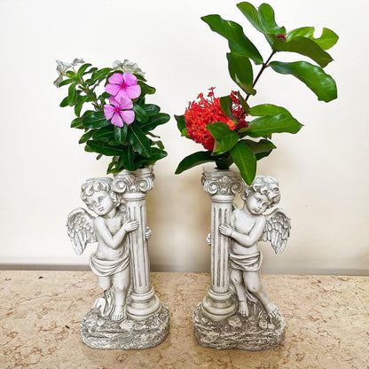 Angel Statue with Solar Lights (Left) 19.7 Inch, Outdoor Solar Angel Garden Statue with Roma Pillar