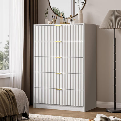 5 Drawer Dresser for Bedroom, Tall Dresser Chest of Drawers with Gold Handles, 32 Inch Wide