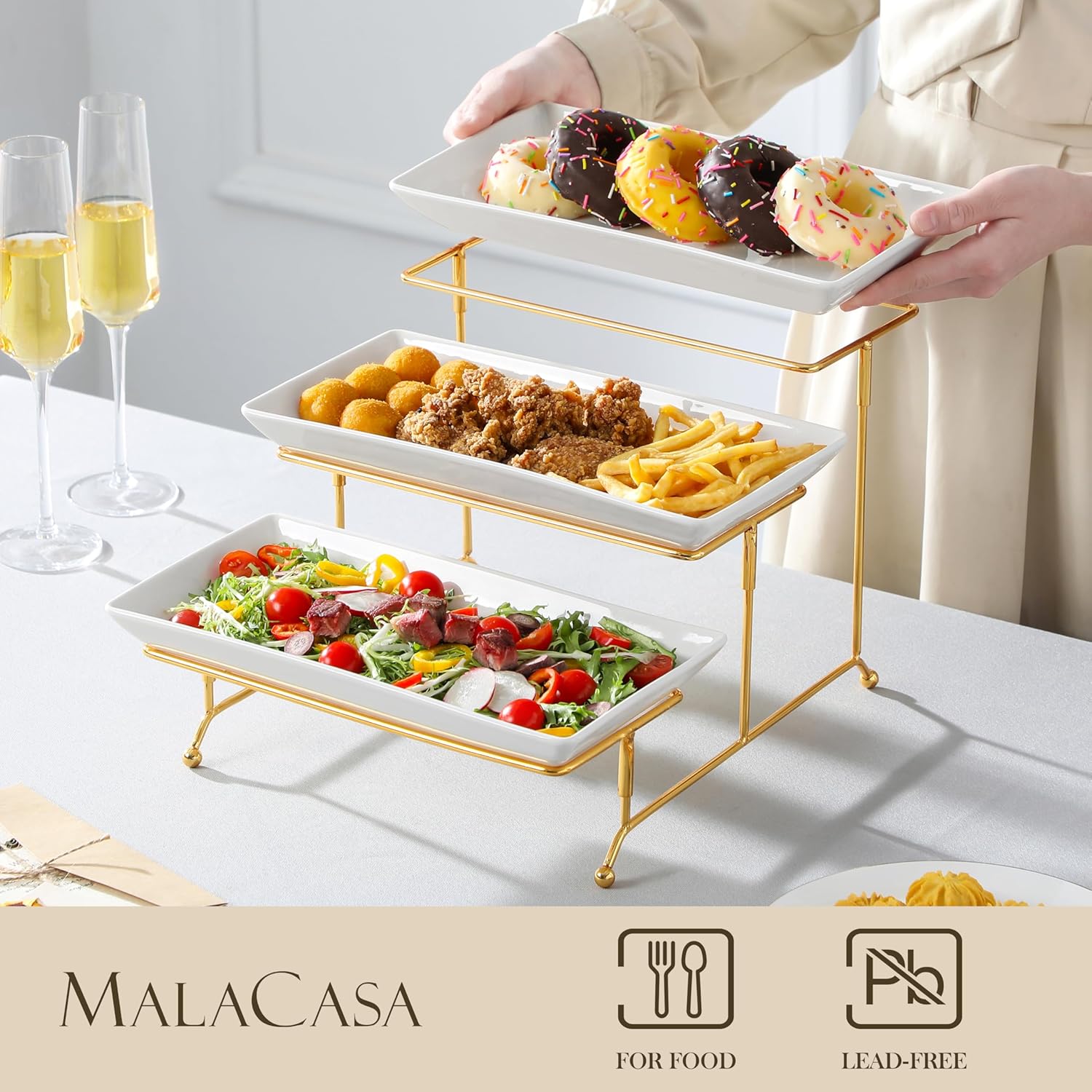 MALACASA 3 Tier Serving Trays for Party, 12 Inch Porcelain White Trays for Serving Food, Dessert