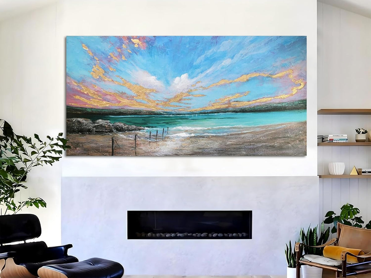 Arjun Ocean Teal Wall Art Canvas Coastal Beach Painting Blue Turquoise Landscape Sunset Picture