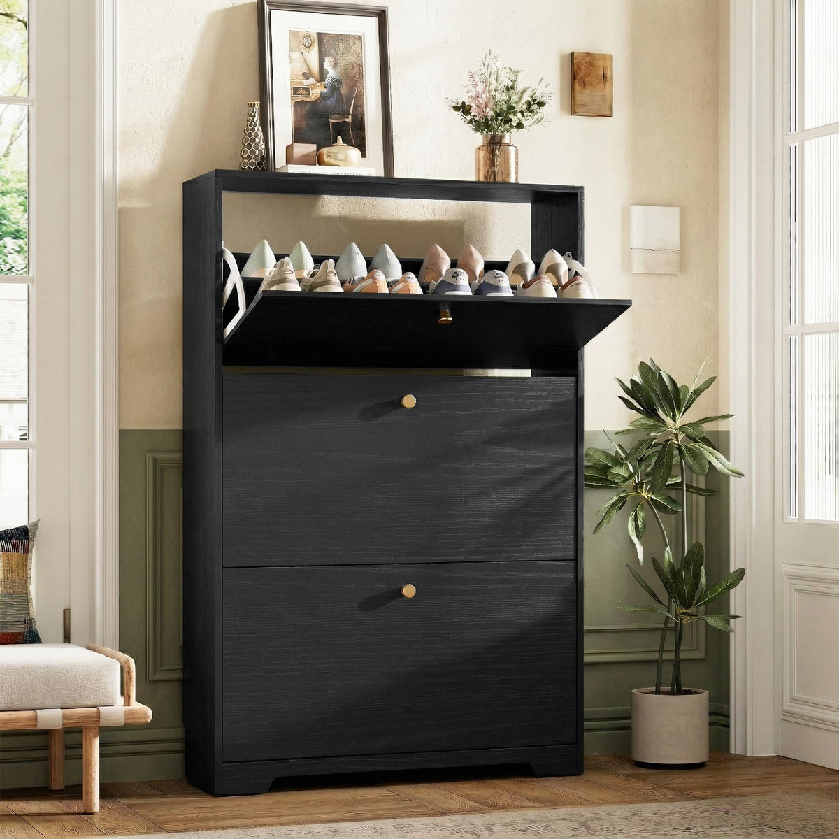 Nicetree Shoe Cabinet with 3 Flip Drawers, Narrow Shoe Organizer Cabinet, Freestanding Shoe Rack