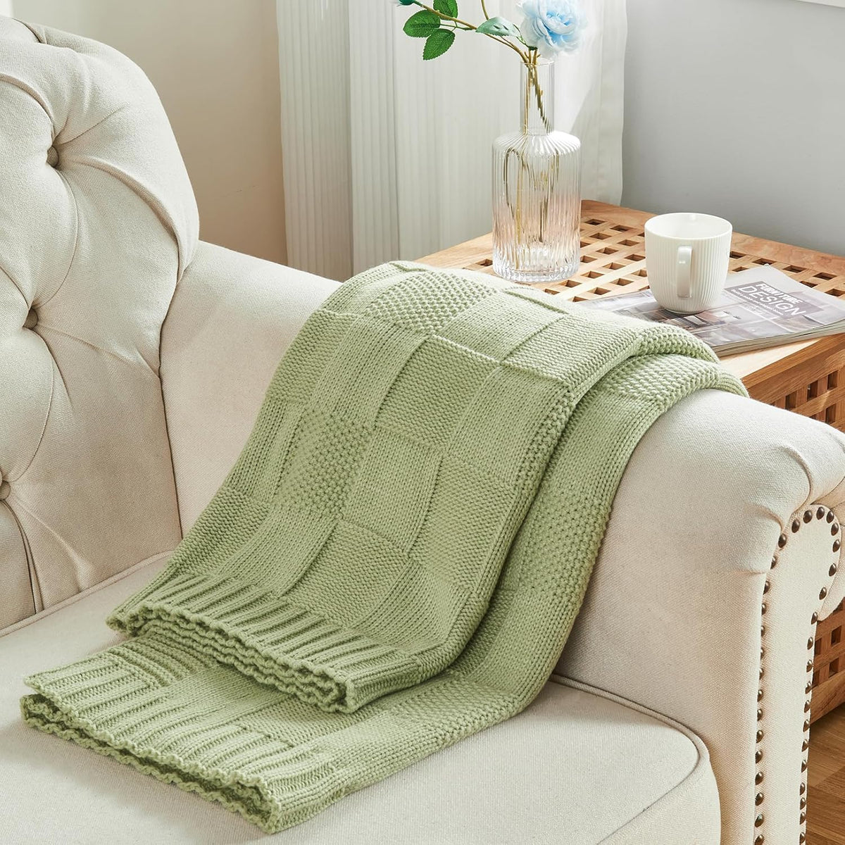 CozeCube Check Knit Throw Blanket, Sage Green Checkered Throw for Couch, Decorative Christmas Soft
