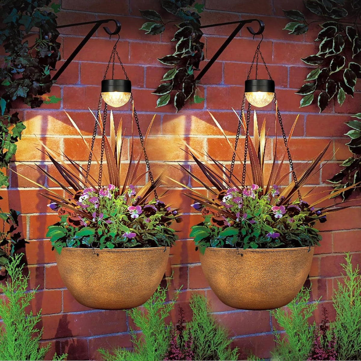2 Packs Hanging Planters Basket for Outdoor Plants, Solar Powered Self Watering Bronze Round