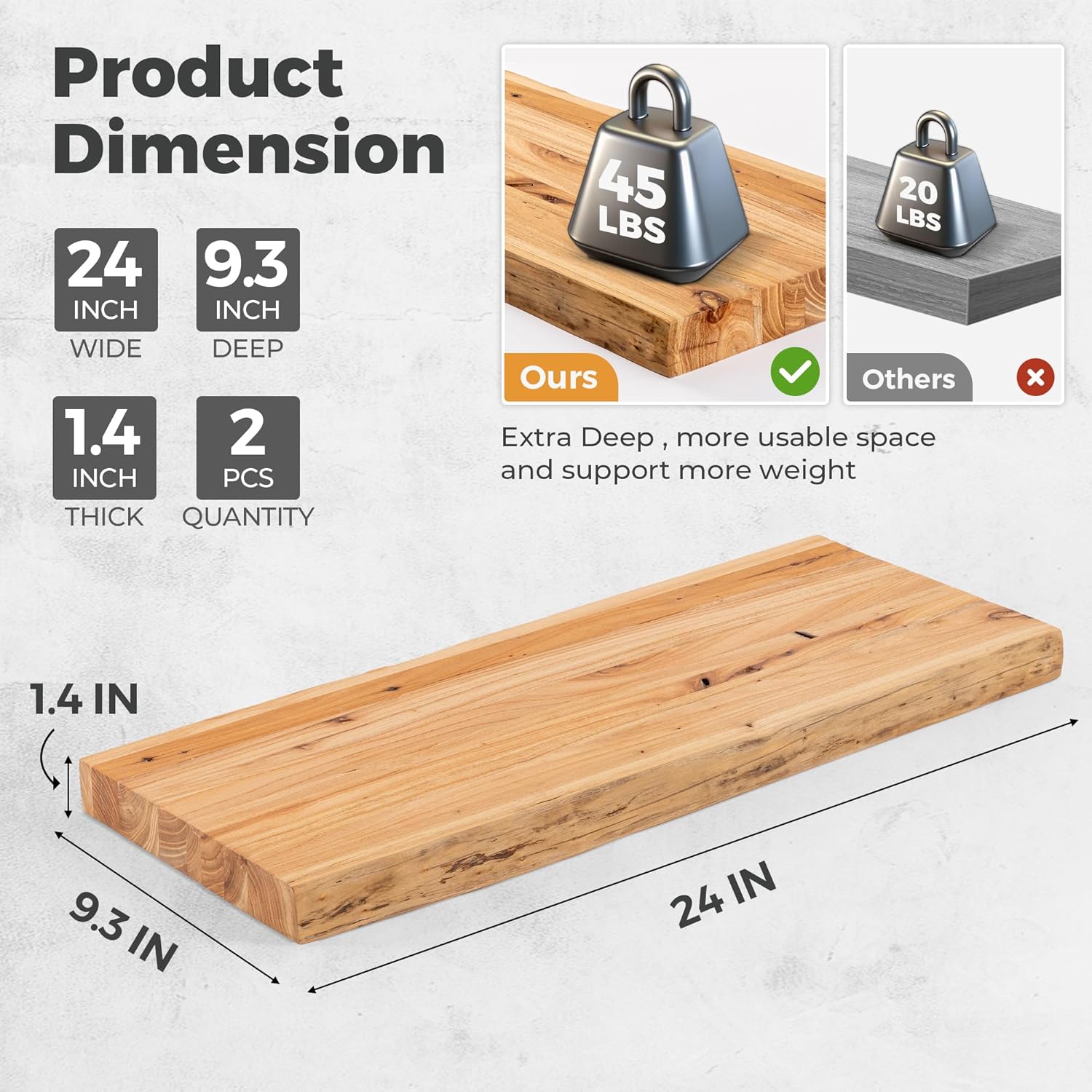 RICHFOCUS Live Edge Elm Floating Shelves - 24" W x 9.3" D Rustic Solid Wood Wall Shelves with
