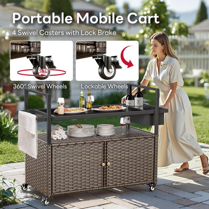 Outdoor Bar Cart with Storage Cabinet, Outdoor Grill Cart with Wheels, Rattan Bar Cart with