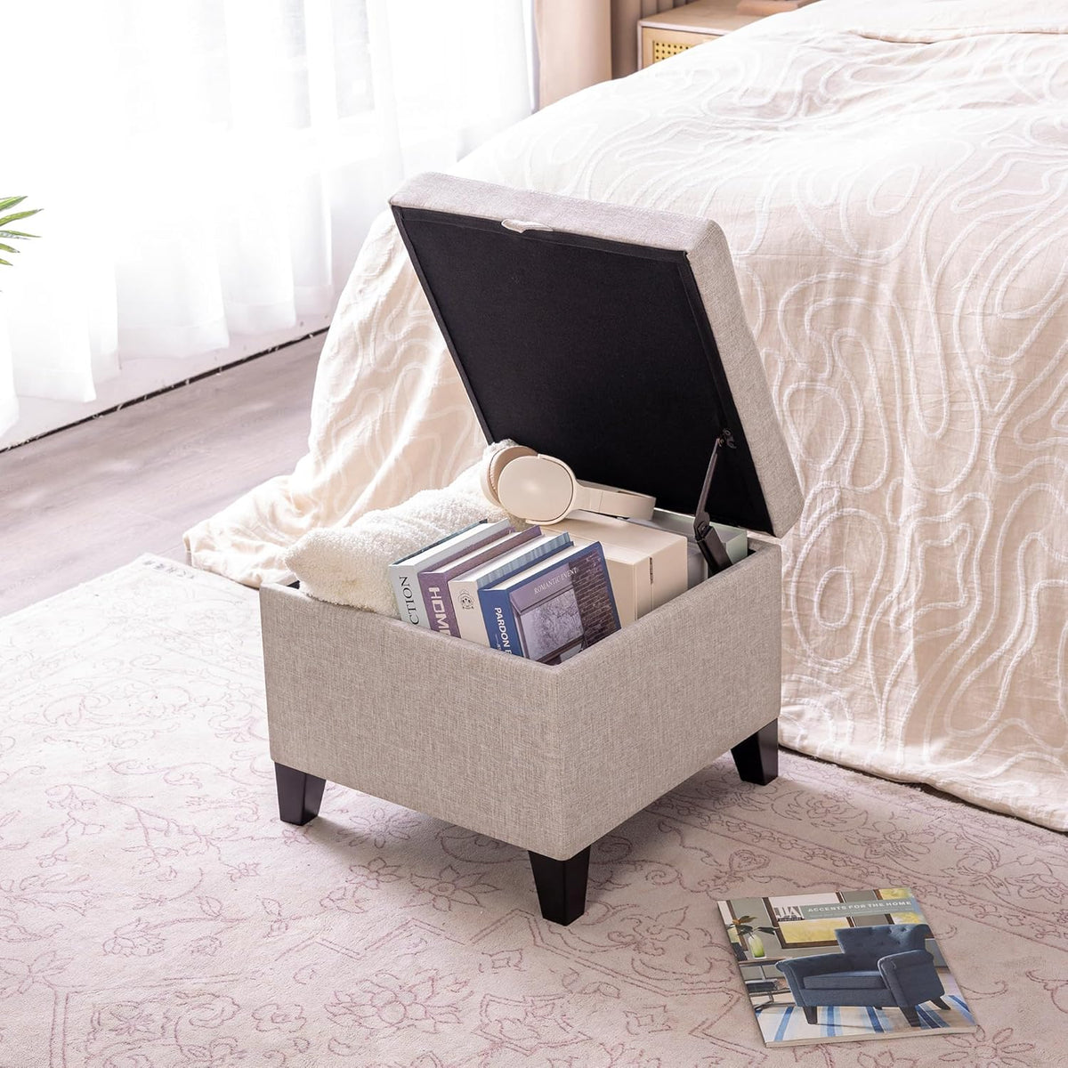 Adeco 18 Inch High Cube Ottoman Storage, Linen Chair Foot Stools, Upholstered Vanity Stool with