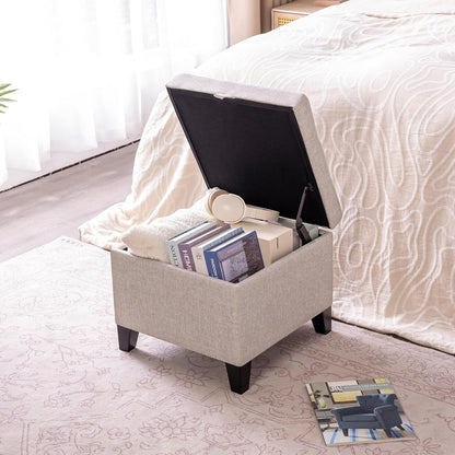 Adeco 18 Inch High Cube Ottoman Storage, Linen Chair Foot Stools, Upholstered Vanity Stool with
