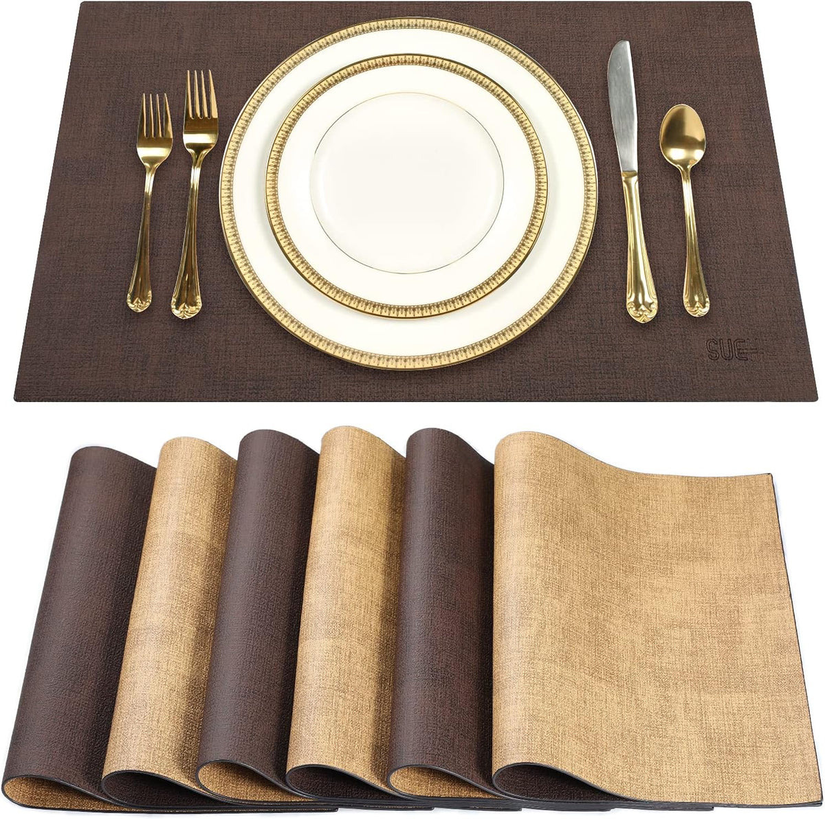 SUEH DESIGN Leather Placemats Set of 6 Reversible Table Mats Heat Resistant Waterproof No-Slip