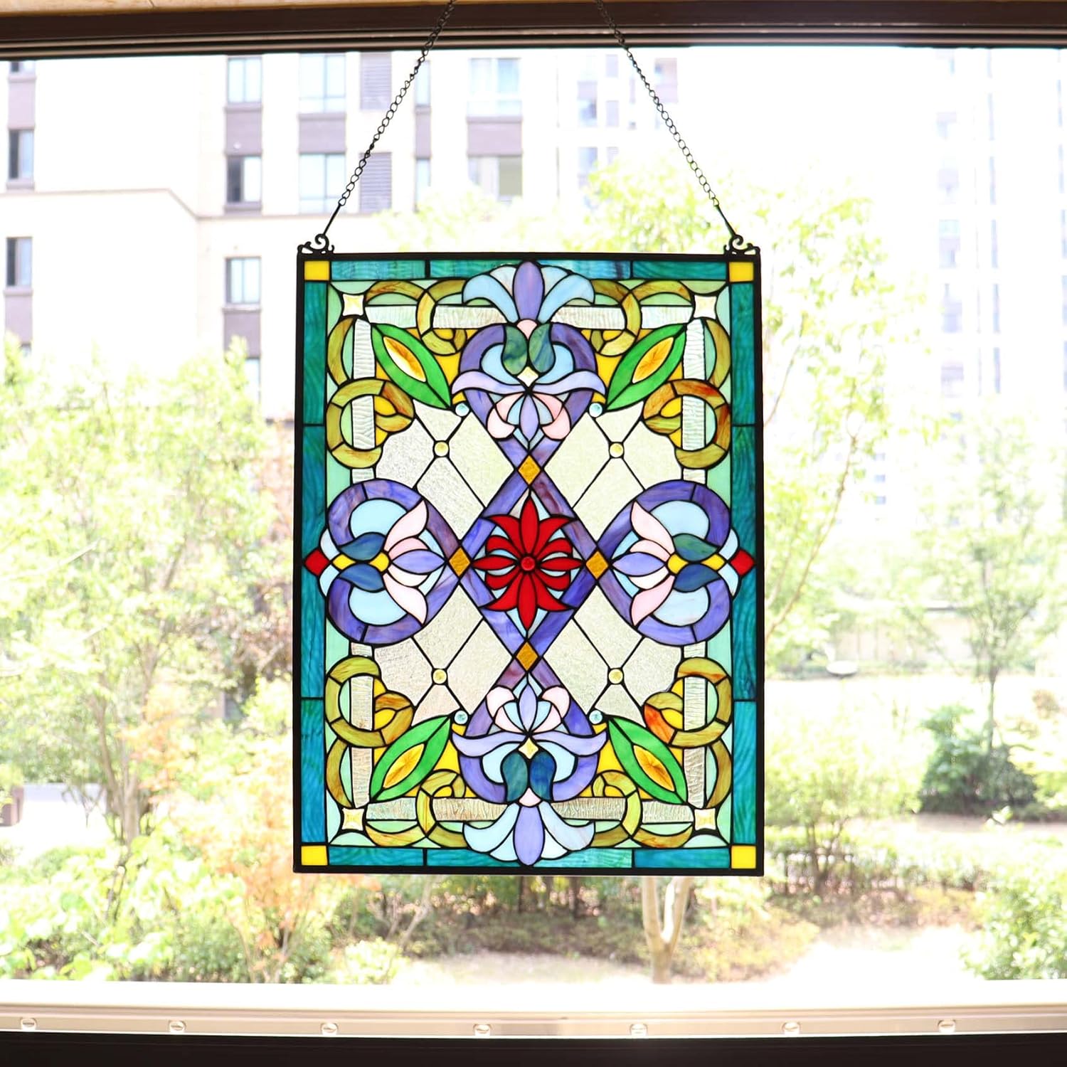 Bieye W10028 Victorian Tiffany Style Stained Glass Window Panel with Chain, Rectangular Shape, 18"