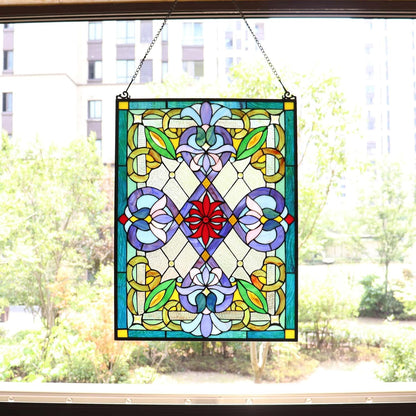 Bieye W10028 Victorian Tiffany Style Stained Glass Window Panel with Chain, Rectangular Shape, 18"