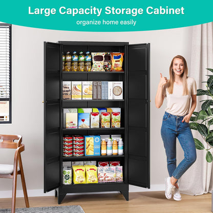 Metal Storages Cabinet with 2 Doors and 5 Shelves,Tall Storage Cabinet,Large Cupboard Closet,Pantry