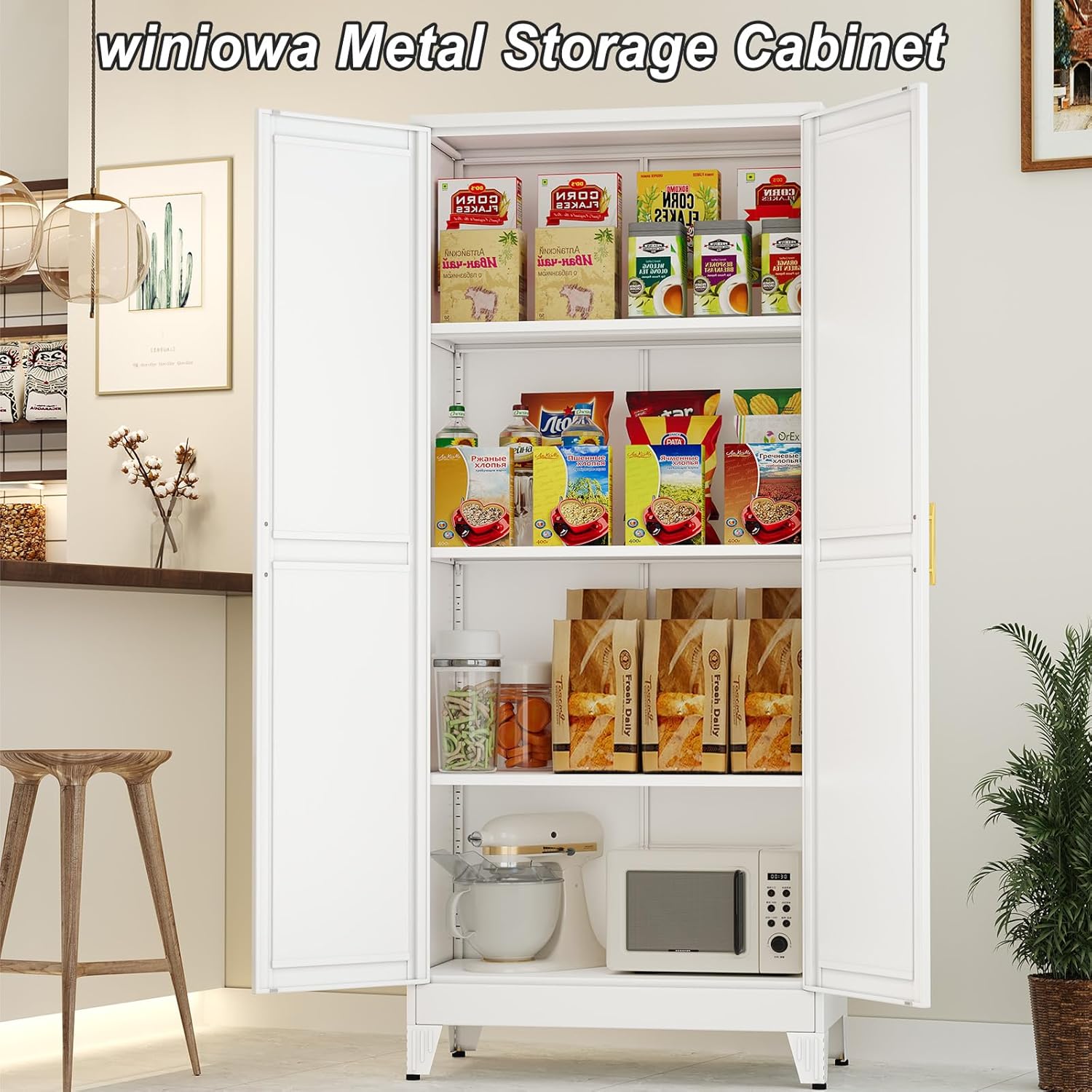 Metal Pantry Cabinet with 2 Doors and Adjustable Shelves - 61" Kitchen Storage Cabinet with Gold