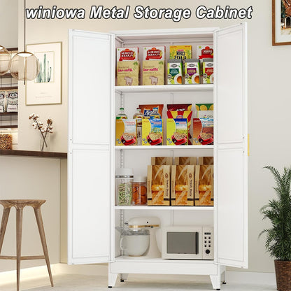 Metal Pantry Cabinet with 2 Doors and Adjustable Shelves - 61" Kitchen Storage Cabinet with Gold