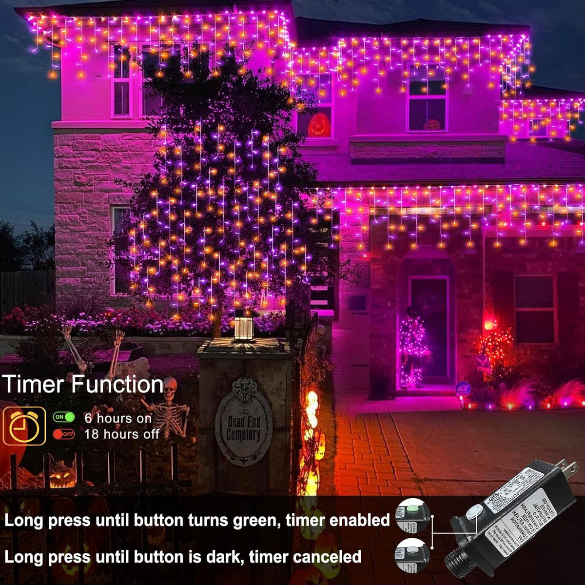 66ft Halloween Lights Outdoor, 640 LED Icicle Lights for Outside, Orange and Purple Twinkle Lights