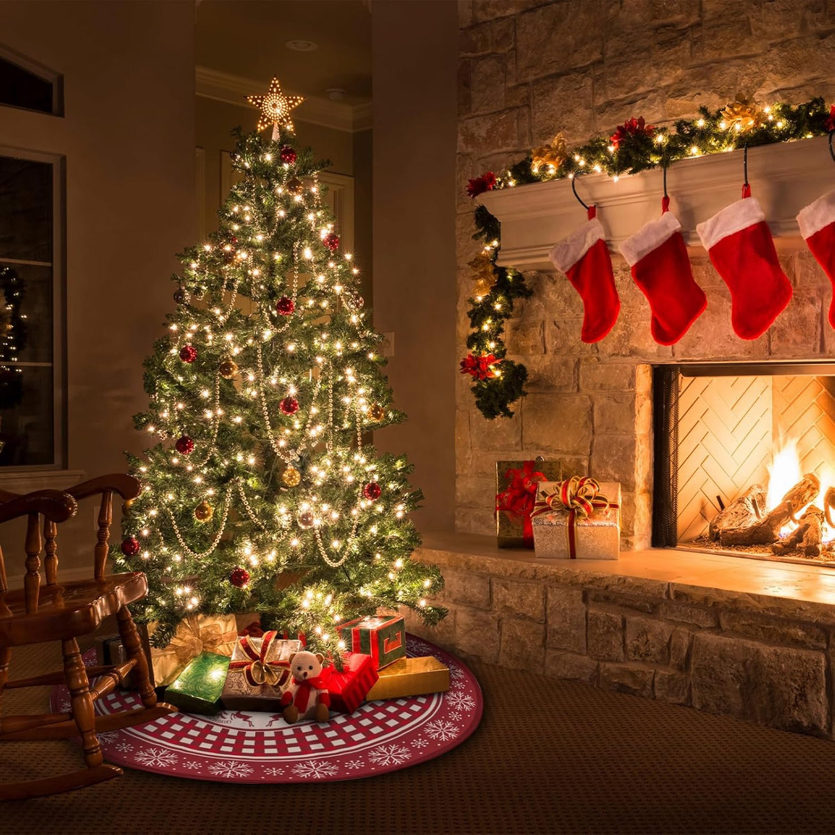 Christmas Tree Skirt, Red Tree Skirts 48 Inch with Snowflake Reindeer Rustic Farmhouse Xmas Tree