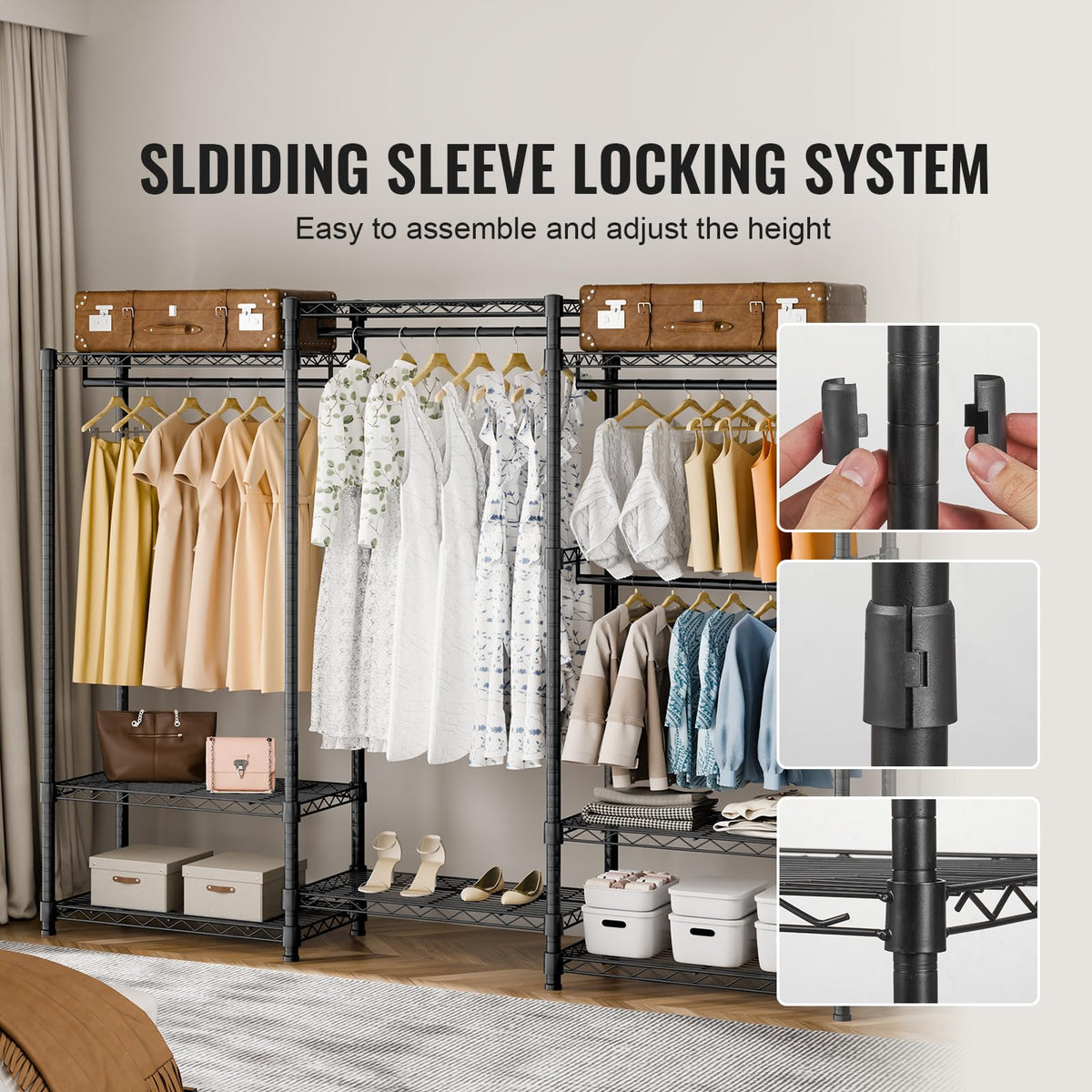 VEVOR Sturdy Apparel Organizer, Mobile Garment Hanger with Four Rods & Eight Shelving Levels