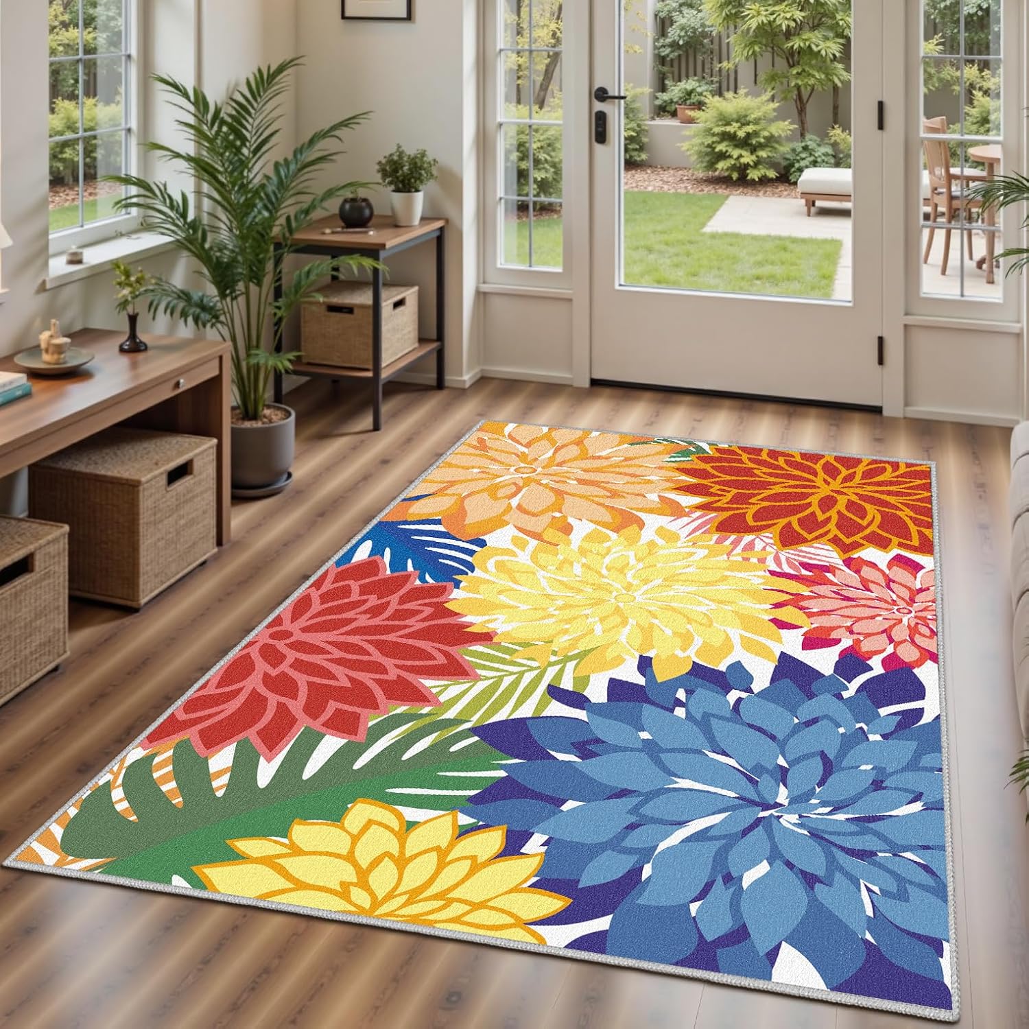 Area Rug 3x5 Washable Entry Rug Multicolored Tropical Botanical Modern Floral Indoor Kitchen Door