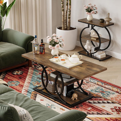 GiftGo Rustic Coffee Table with Storage Industrial 3 Tier Center Living Room Table Farmhouse Wooden