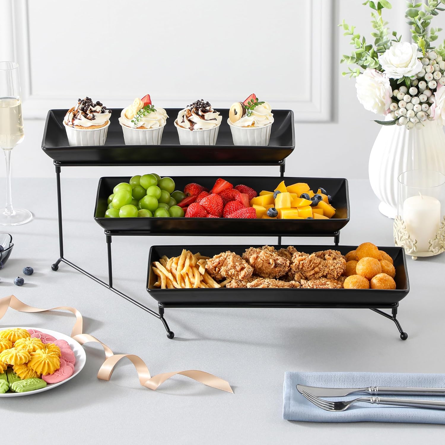 MALACASA 3 Tier Serving Trays for Party, Stoneware Serving Platters and Trays, 14 Inch Tiered Tray