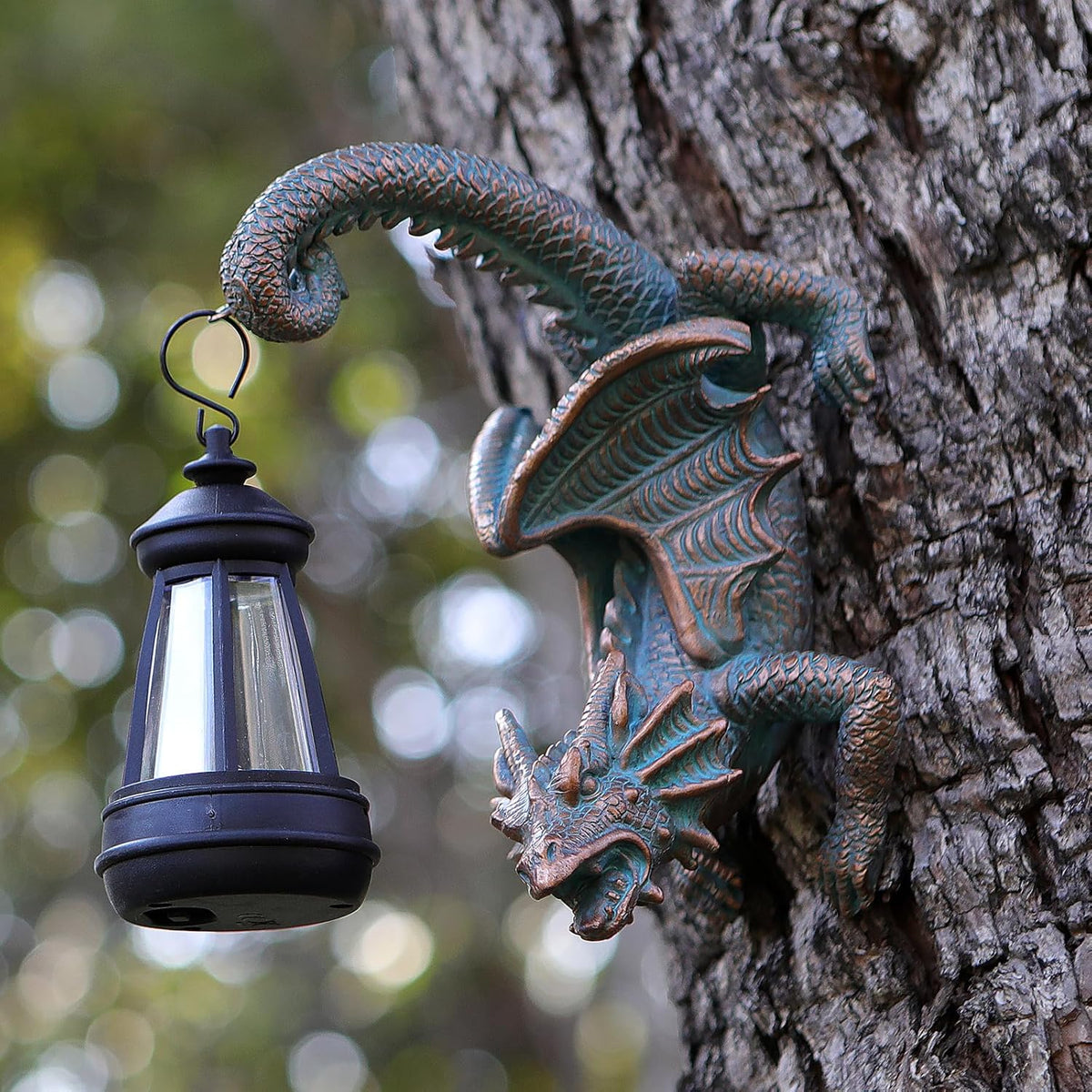 Solar Dragon Tree Hugger Statue Wall Decor - Gothic Garden Statue with Solar Lantern, Outdoor&Yard