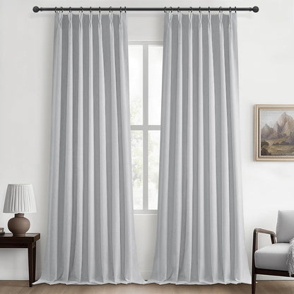 Light Grey Black Out Curtains 96 Inch Long for Living Room, Pinch Pleated Flax Linen Modern