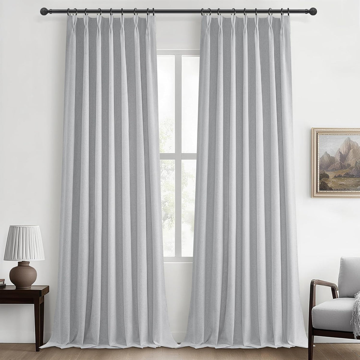 Light Grey Blackout Curtains 108 Inch Long for Living Room, Pinch Pleated Flax Linen Modern