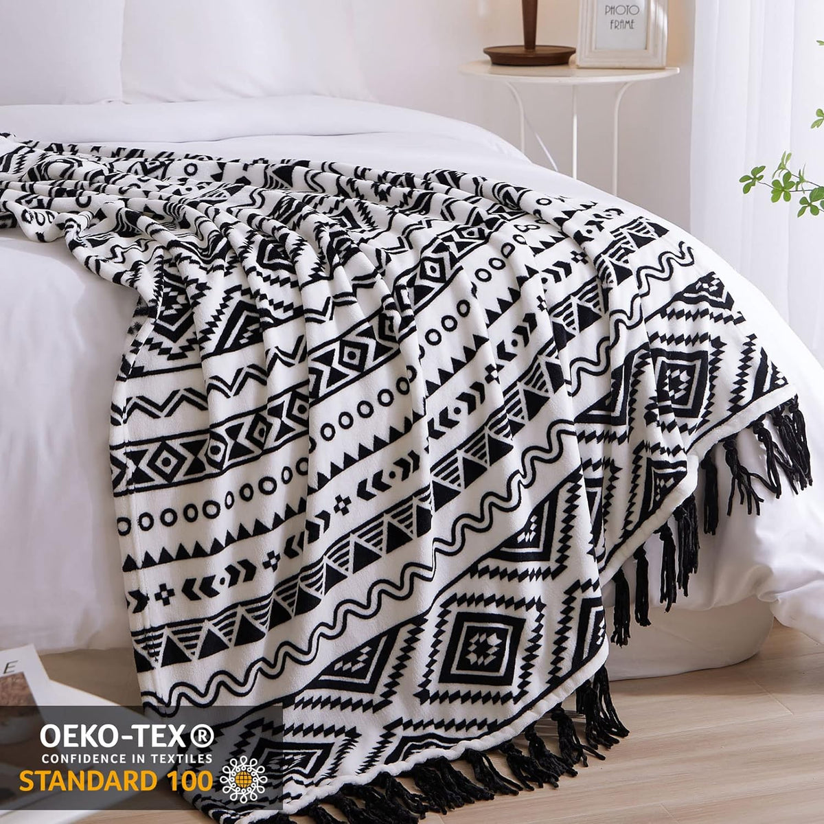 CASAAGUSTO Boho Throw Blanket - Black and White Decorative Blankets with Tassel, Printed Flannel