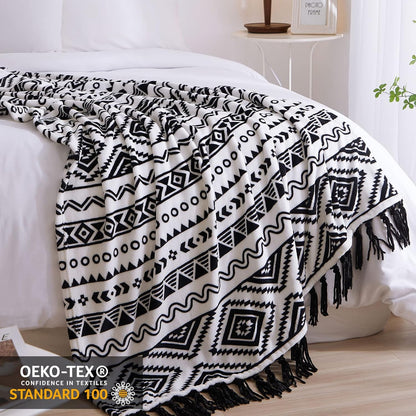 CASAAGUSTO Boho Throw Blanket - Black and White Decorative Blankets with Tassel, Printed Flannel
