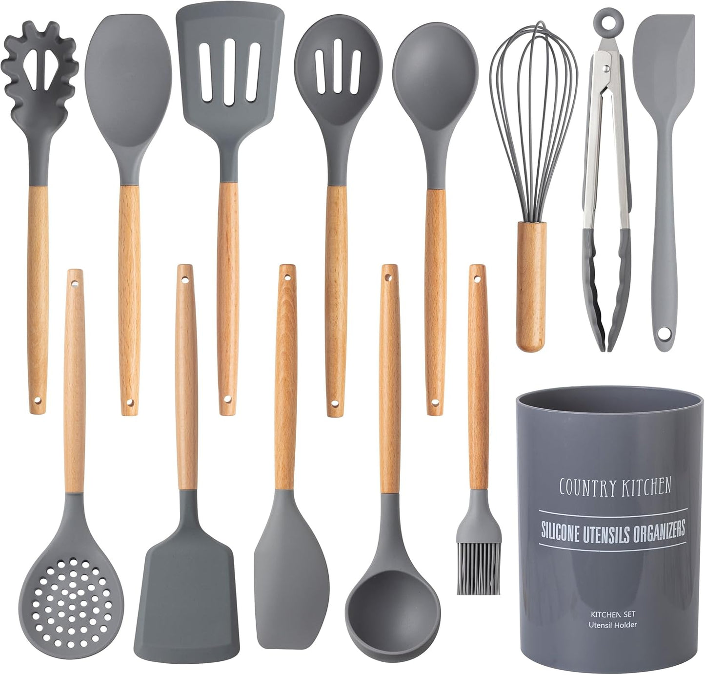 Country Kitchen Non Stick Silicone Utensil Set with Rounded Wood Handles for Cooking and Baking, 14