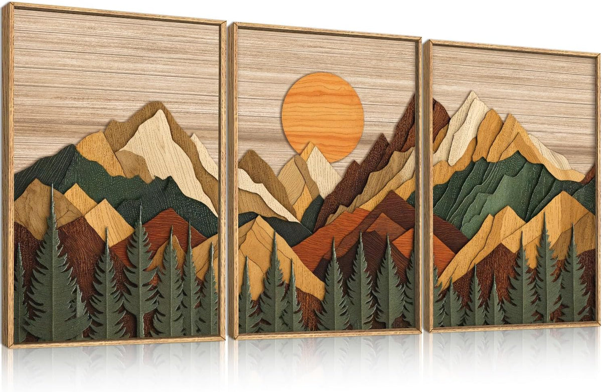 Celestdeco Woodcut Style Mountain Framed Canvas Wall Art Set, Large Brown Ridge Wall Decor, Boho