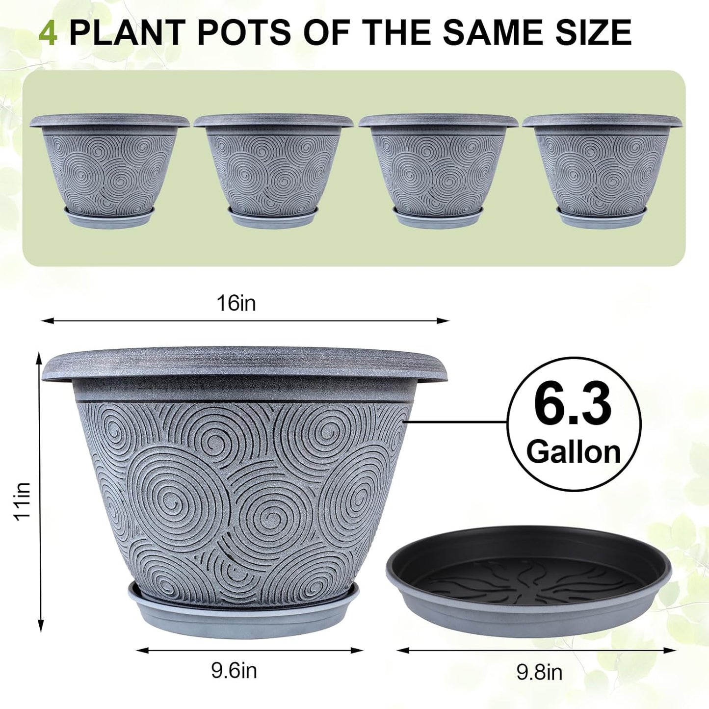 16 Inch Large Planter Pot for Plants Indoor Outdoor, 4 Pack Plastic Flower Pots with Drainage Hole