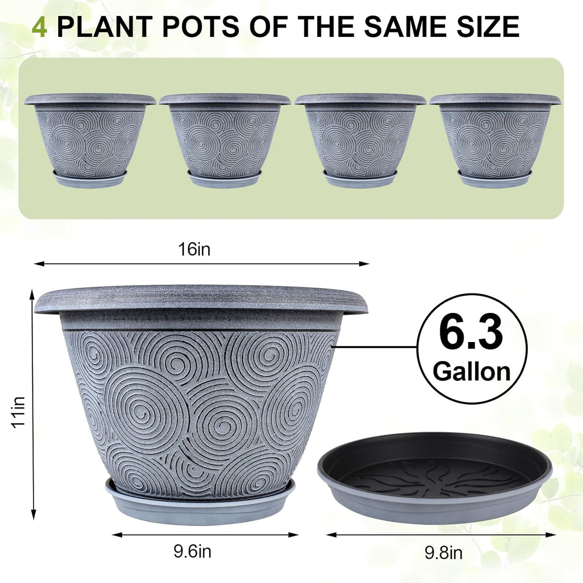 16 Inch Large Planter Pot for Plants Indoor Outdoor, 4 Pack Plastic Flower Pots with Drainage Hole