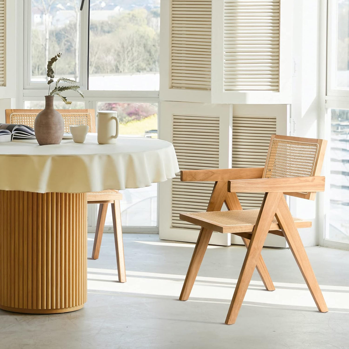 Rattan Dining Chairs Set of 4, Wooden Armchair Cane Kitchen Chairs with Arms, Light Walnut Color