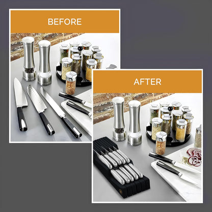 In-Drawer Knife Block - Bamboo Knife Drawer Organizer for Kitchen - Fits 5 Long + 6 Short Knives |