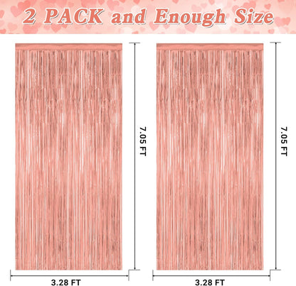 2 Pack Rose Gold Decorations, 3.28 FT x 7.05 FT Rose Gold Fringe Curtains, Metallic Photo Backdrop