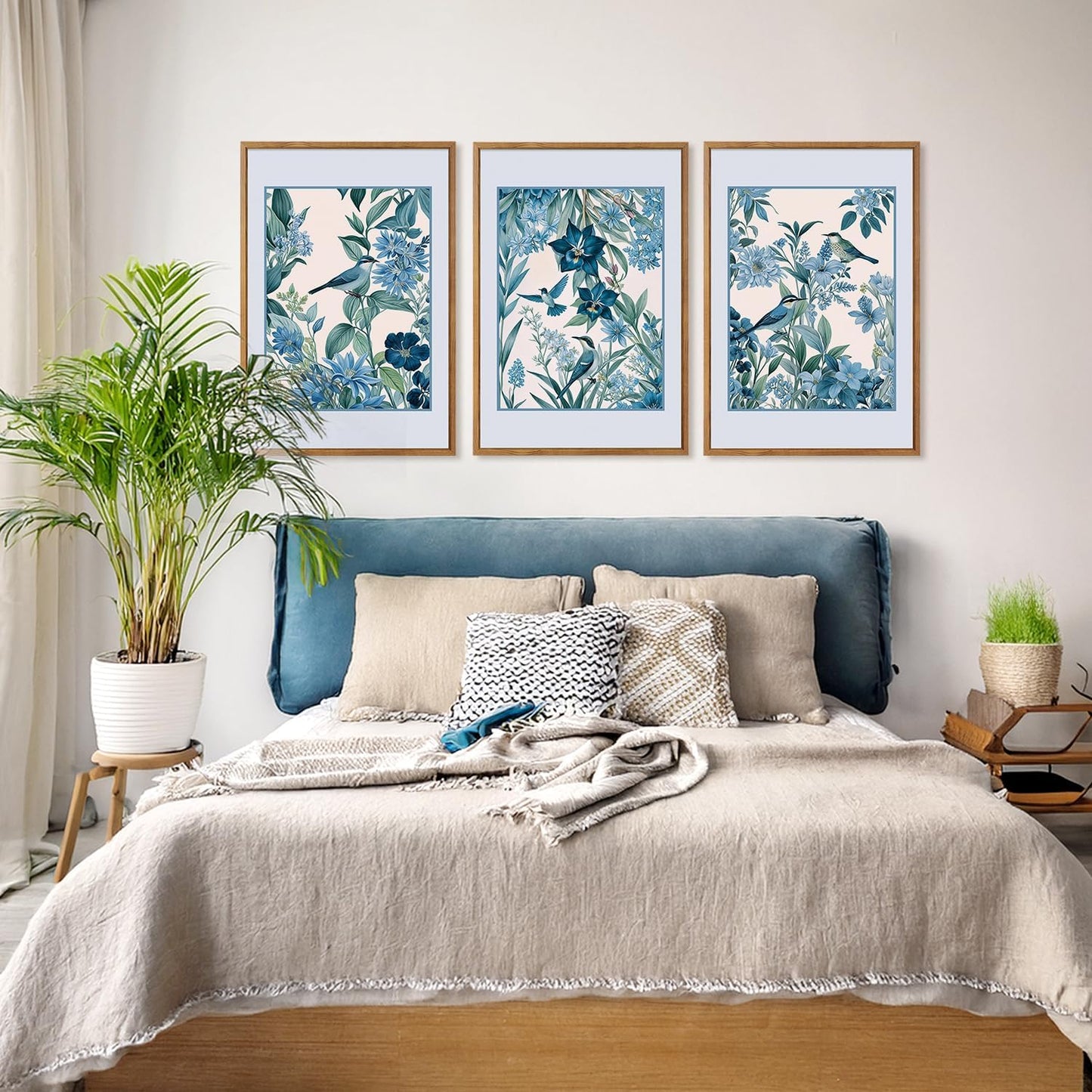 Aurlan Vintage Blue Birds and Botanical Framed Wall Art(16"x24"), 3PCS Classic Chinoiserie Audubon