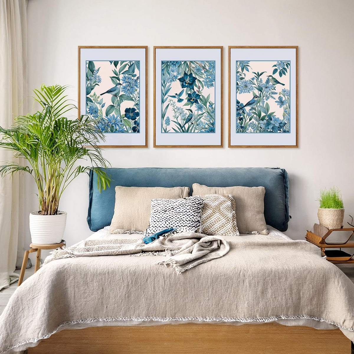 Aurlan Vintage Blue Birds and Botanical Framed Wall Art(16"x24"), 3PCS Classic Chinoiserie Audubon