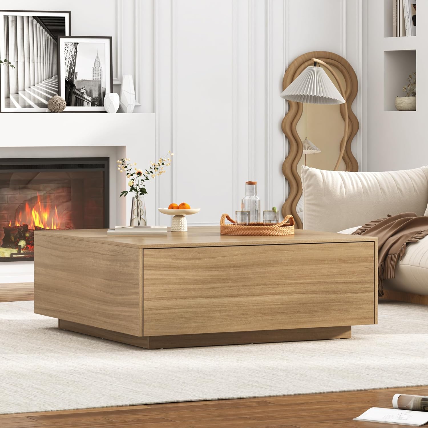 43” Square Coffee Table with Storage, 43" D x 43" W x 17" H Modern Large Square Center Table with 2