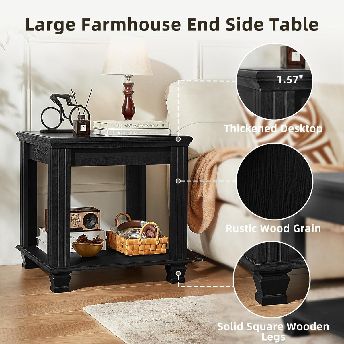 Farmhouse End Table,Large Side Table with 2-Tier Storage Shelf,Rustic Wood End Tables for Living
