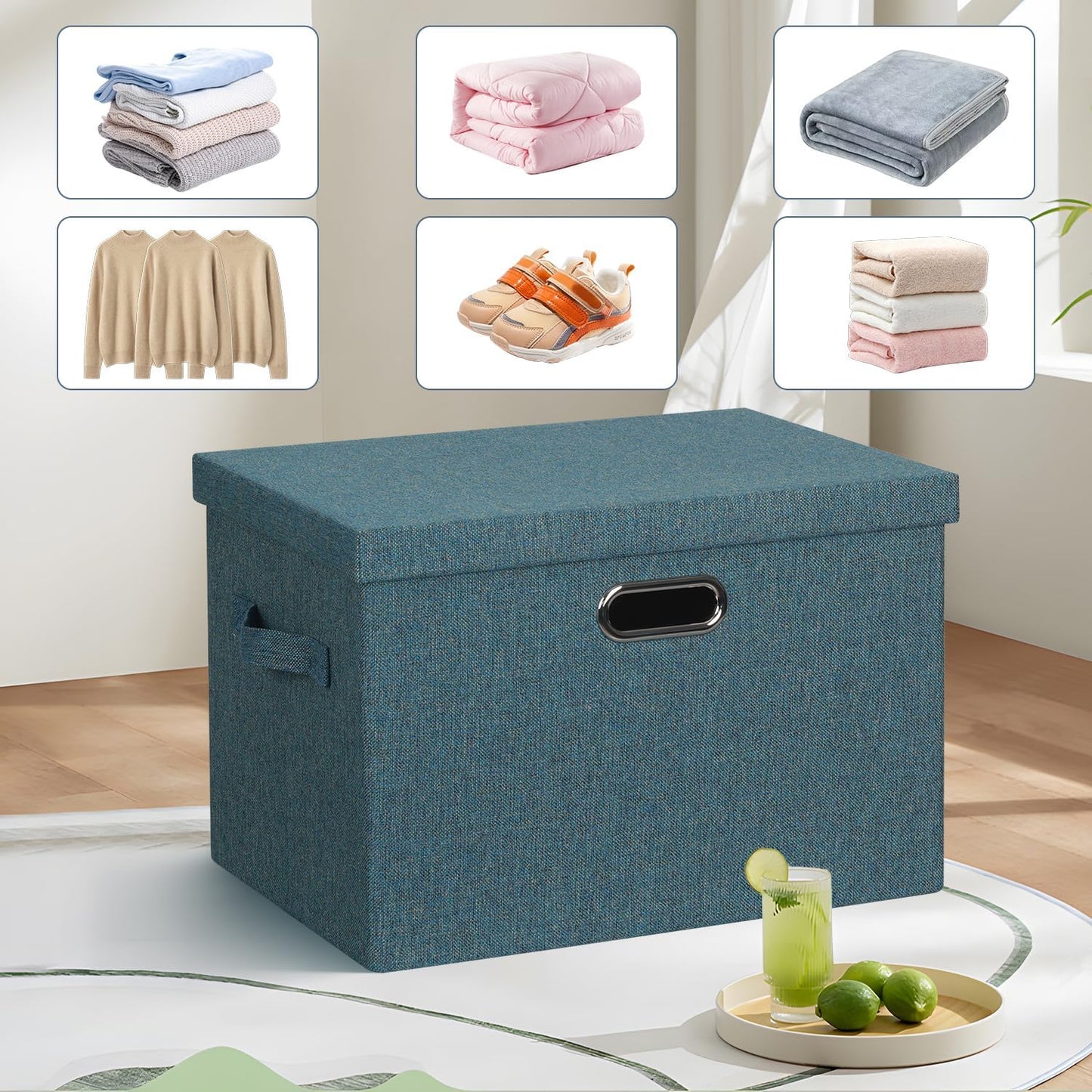 Large 17" 36 Quart Collapsible Stackable Storage Bins with Lids, 3 Packs Blue-Green Linen Fabric