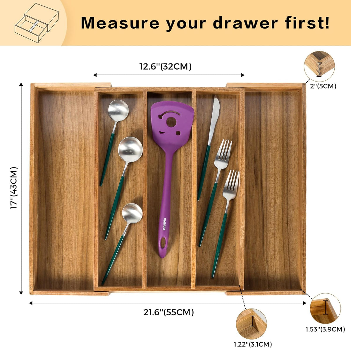Utoplike Acacia Kitchen Drawer Organizer Expandable, Large Utensils and Cutlery Tray, Adjustable