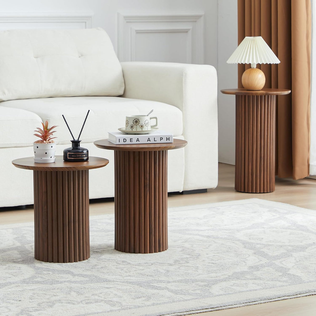 Round Nesting Coffee Table Set of 3,Mid Century Modern Fluted Coffee and End Table Set,Small Circle