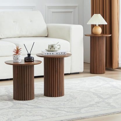 Round Nesting Coffee Table Set of 3,Mid Century Modern Fluted Coffee and End Table Set,Small Circle
