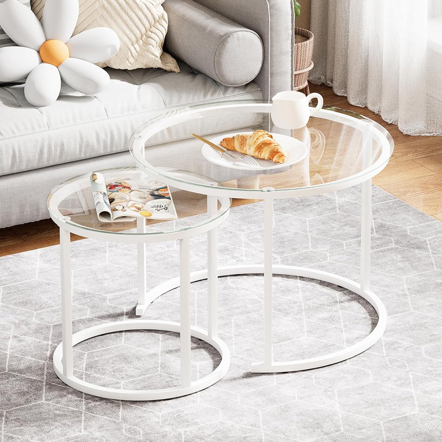 aboxoo White Nesting Glass Table Set of 2, Small Glass Round Nesting Tables for Living Room
